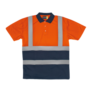 Mens Polo Shirt S/S With Reflective Tape - Orange & Navy, M
